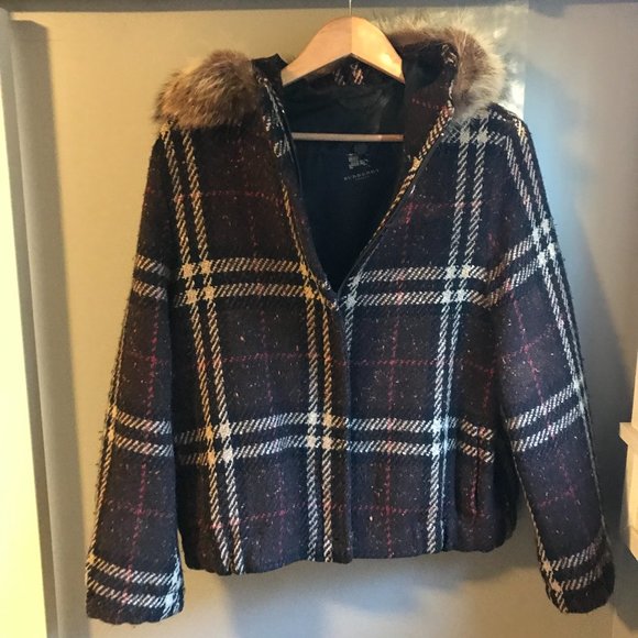 Burberry London wool coat with fur trimmed hood